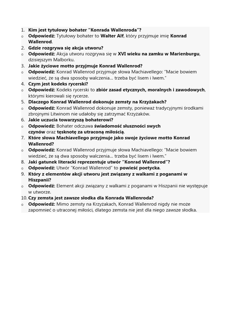 Konrad Wallenrod Test Z Odpowiedziami