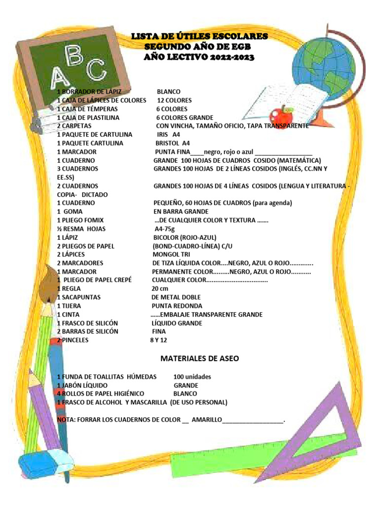 Lista de Útiles para Segundo Grado 2022-2023 | PDF | Hogar, jardinería ...