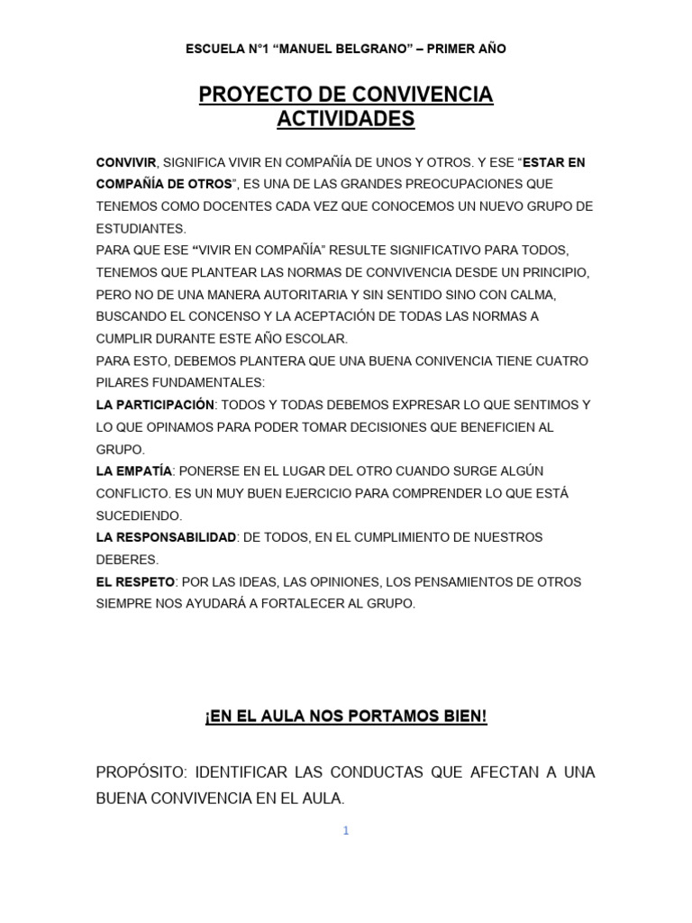 Proyecto de Convivencia Primer Grado | PDF | Salón de clases