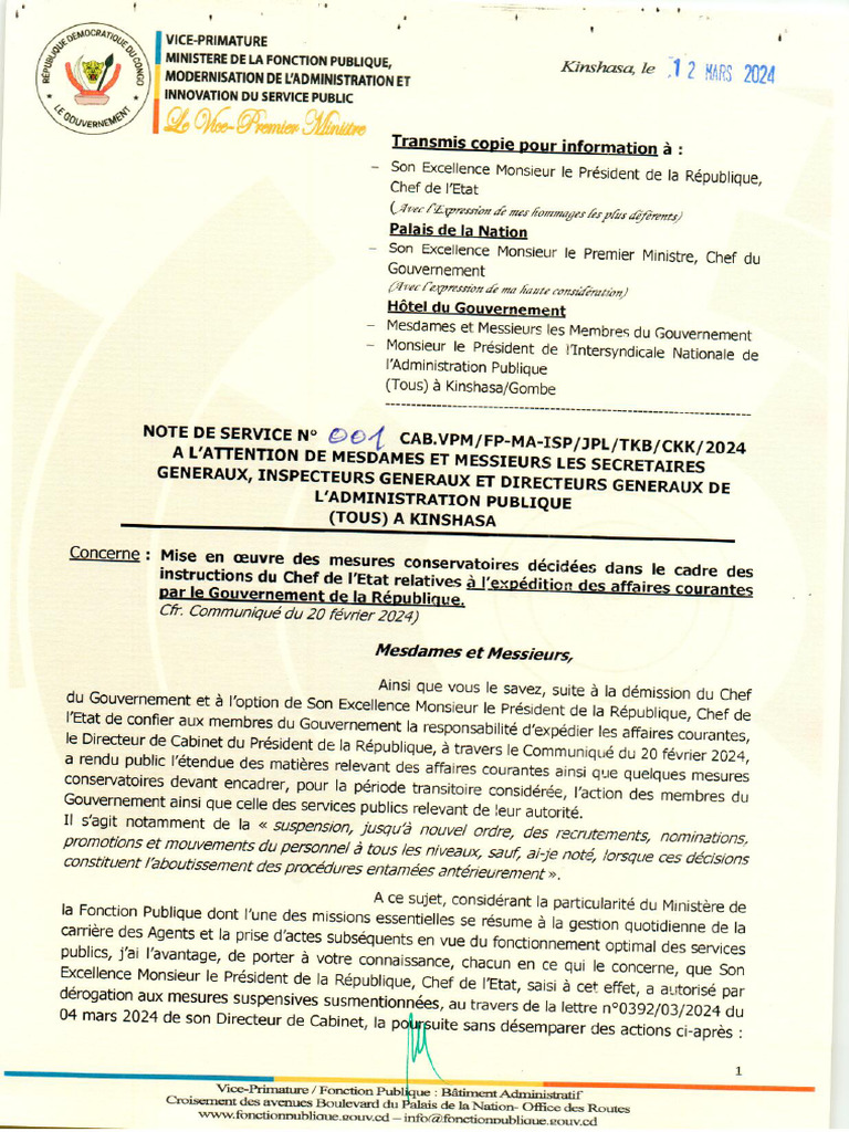 Note de Service 001 | PDF
