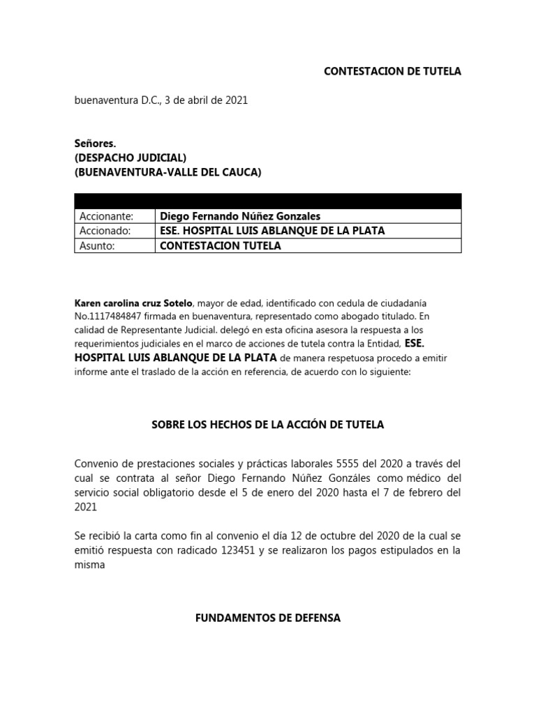 Contestacion Accion de Tutela | Descargar gratis PDF | Justicia ...