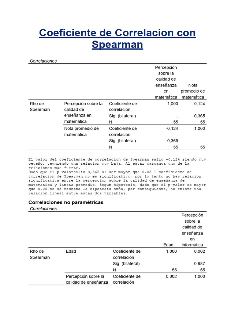 Correlación de Spearman en Educación | PDF | Valor P | Coeficiente de ...