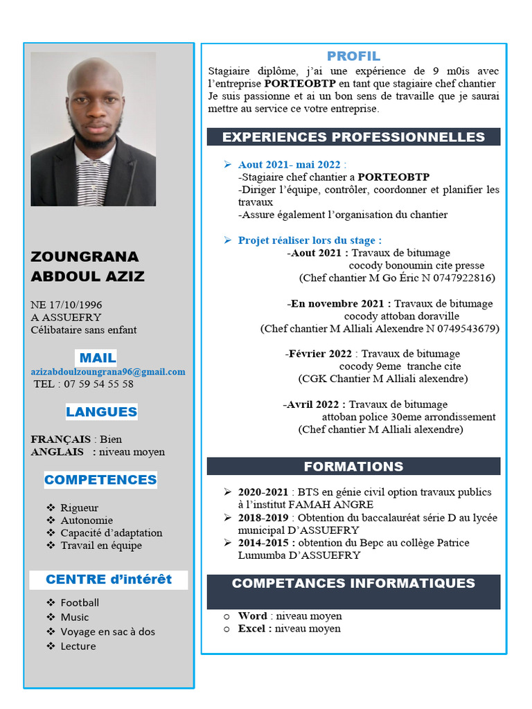 CV Abdoul Aziz Zoungrana - Stagiaire Génie Civil | PDF | Niveaux d ...