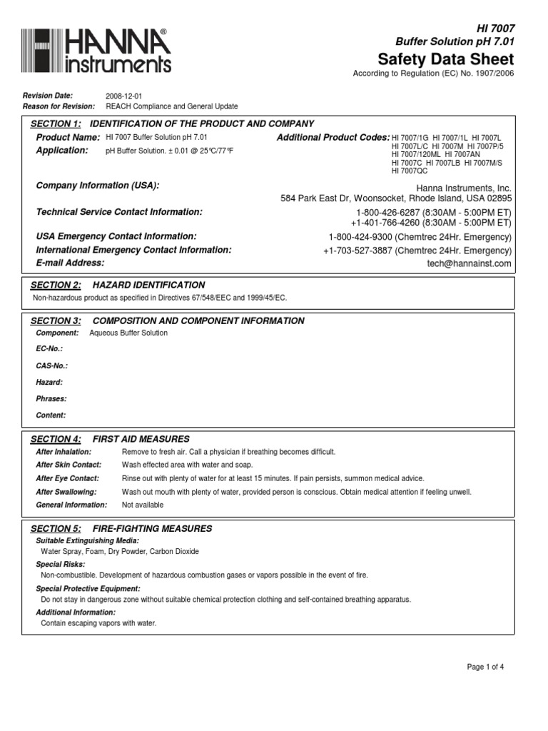 Safety Data Sheet HI 7007 Buffer Solution PH 7.01 PDF