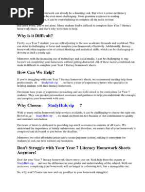 Year 7 Literacy Homework Sheets