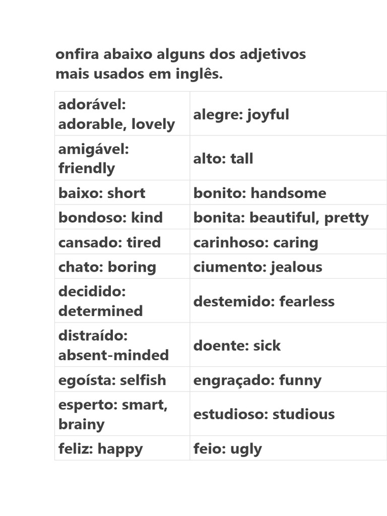 Tabela De Adjetivos Em Ingles Comparativo E Superlativo Em Ingles