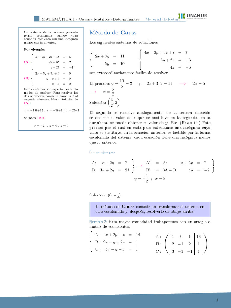 Método de Gauss: Matrices y Sistemas | PDF | Matriz (Matemáticas ...