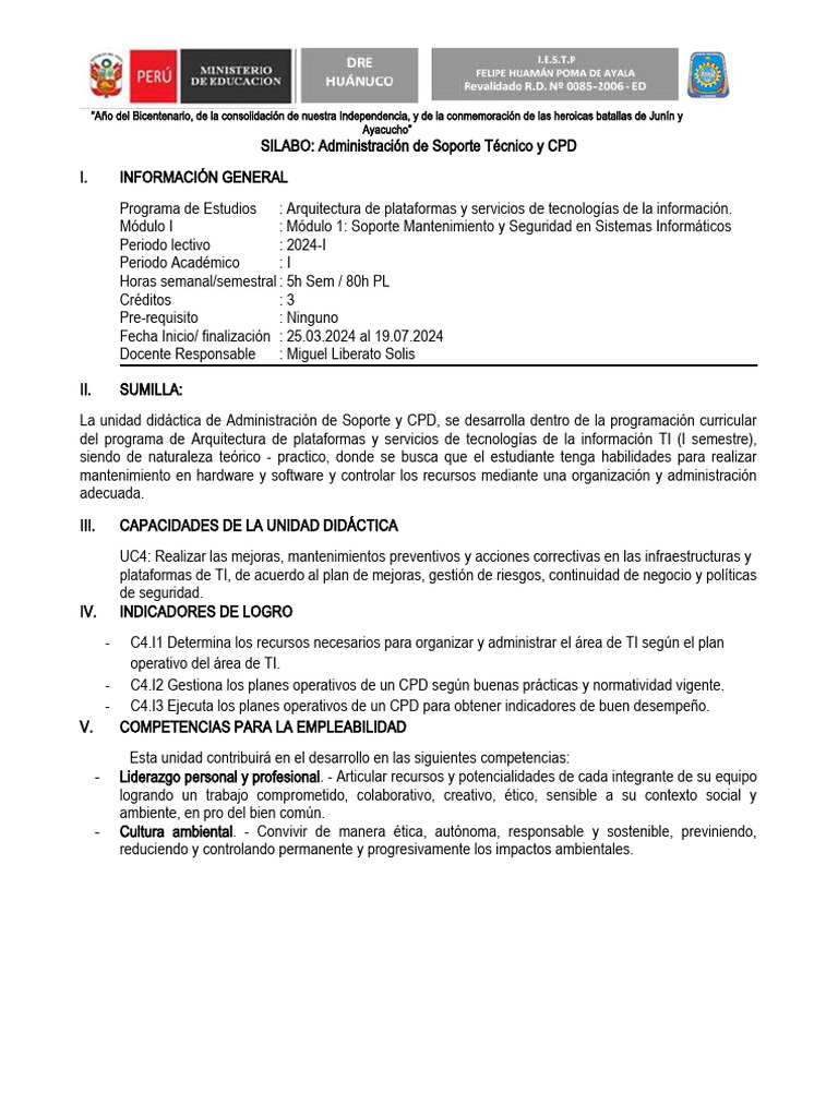 Soporte Técnico y CPD: Módulo 2024-I | PDF | Salón de clases | Aprendizaje