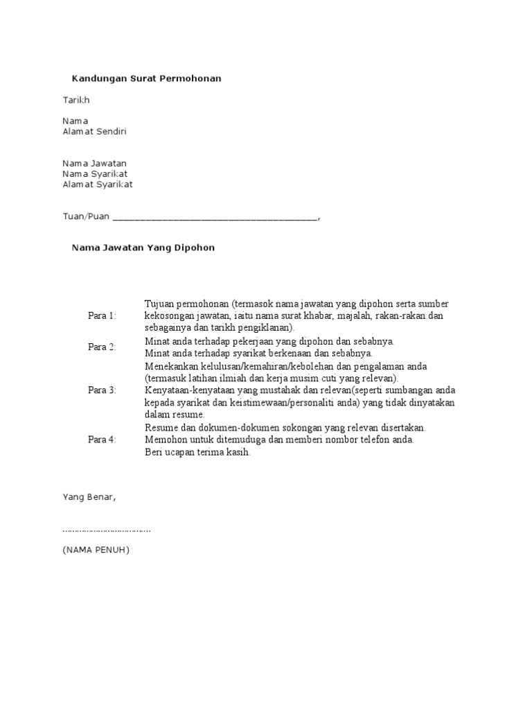 Format Contoh Surat Memohon Kerja Format Contoh Surat Memohon Kerja