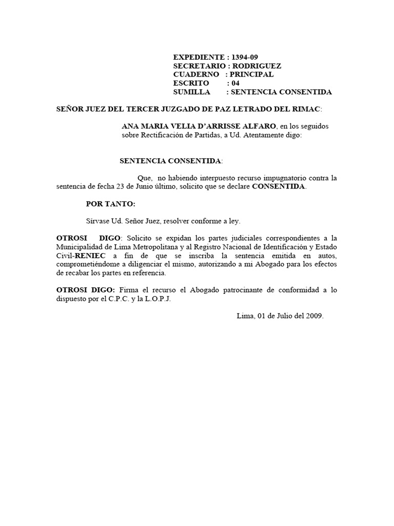 Sentencia Consentida en Rectificación de Partidas | PDF