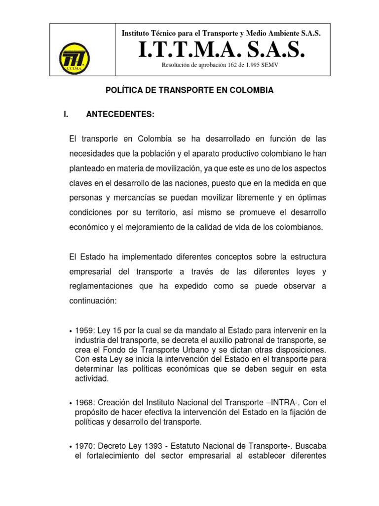 Política de Transporte en Colombia | PDF | Transporte | Mercado (economía)