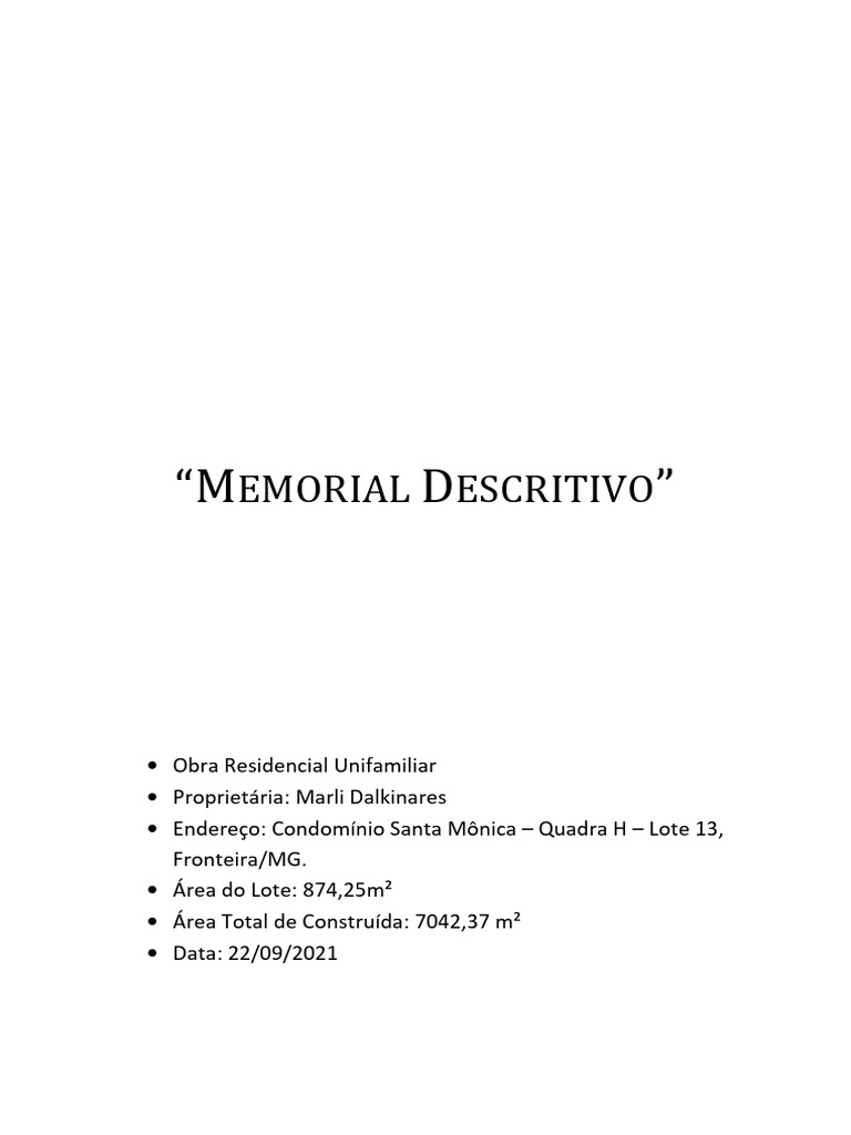 Memorial Descritivo de Residência Térrea | PDF | Argamassa (alvenaria ...