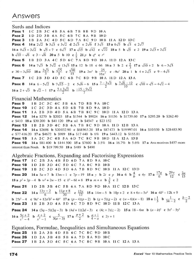 Answer Yr 10 Practice Tests | PDF