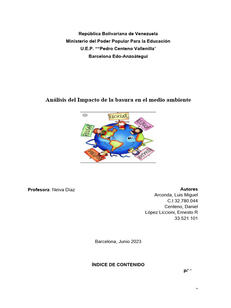 Impacto de la Basura en el Medio Ambiente | PDF | Residuos | Entorno ...