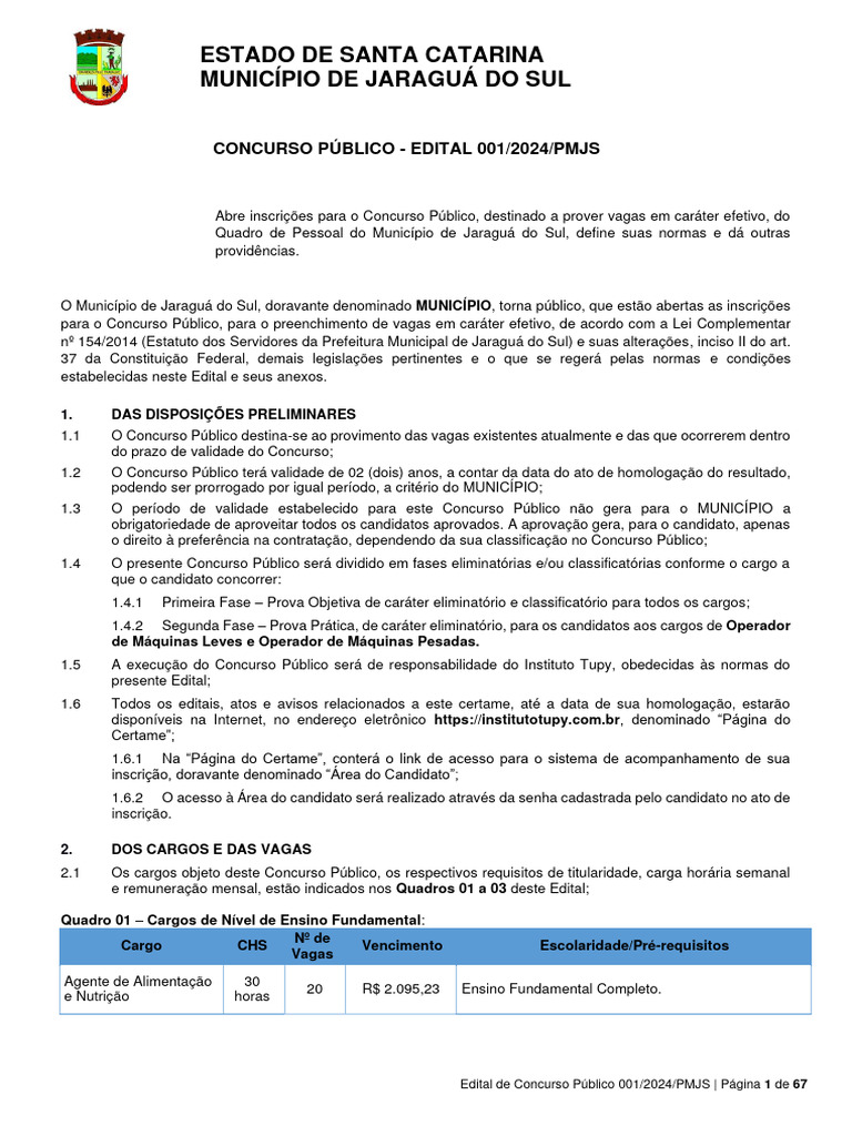 Estado de Santa Catarina Município de Jaraguá Do Sul Concurso Público