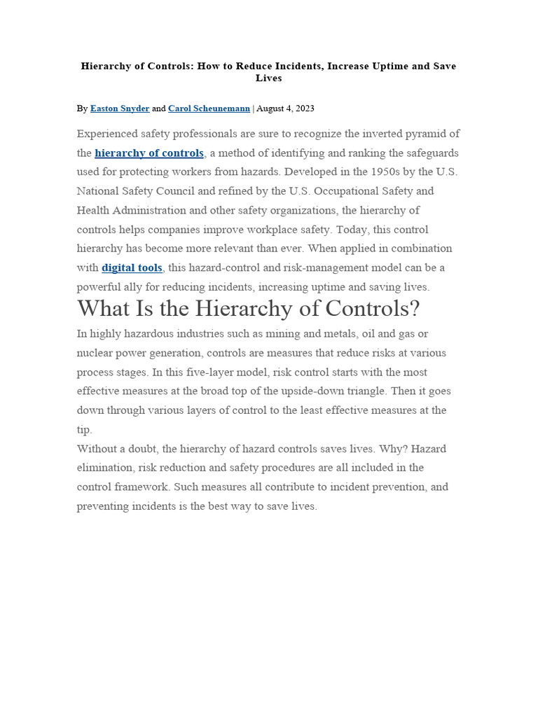 Hierarchy of Controls for Workplace Safety | PDF | Personal Protective ...