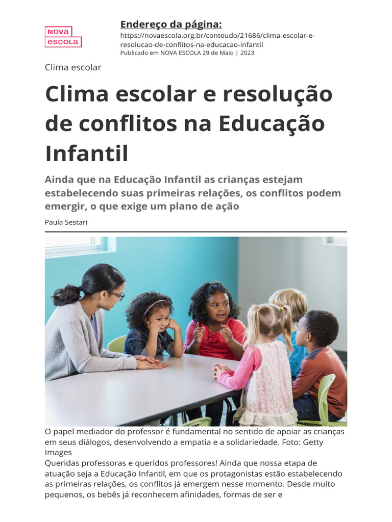 Clima Escolar e Conflitos na Educação Infantil | PDF | Pré-escola ...
