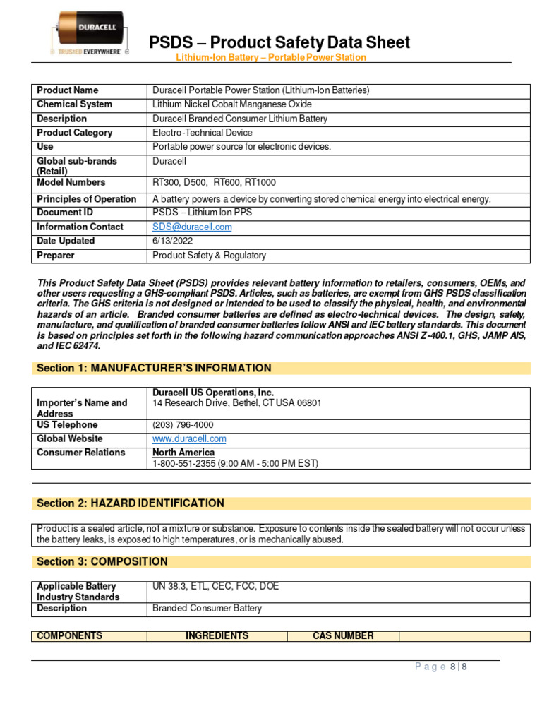 Duracell Lithium-Ion Battery PSDS | PDF | Lithium Ion Battery | Fires