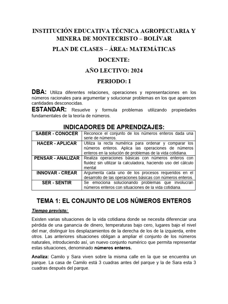 Plan de Clases: Números Enteros en Matemáticas | PDF | Entero ...