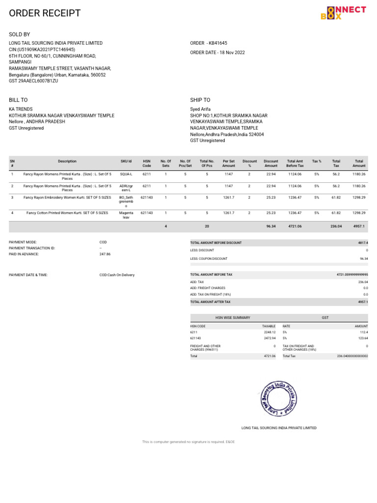 Order Receipt for Women's Kurtas | PDF | Taxes | Economies