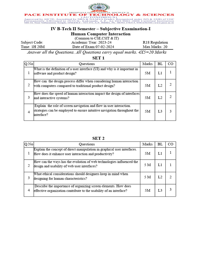 HCI Exam Questions for B-Tech 2023-24 | PDF | Human–Computer ...