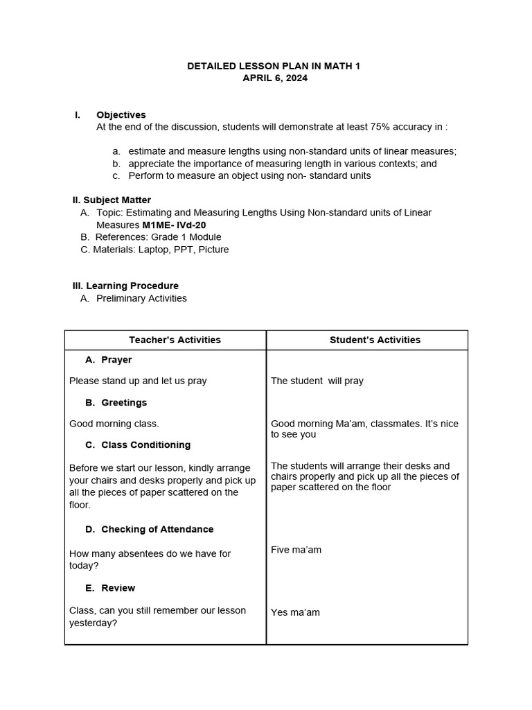 Grade 1 Lesson Plan: Measuring Lengths | PDF | Length | Distance