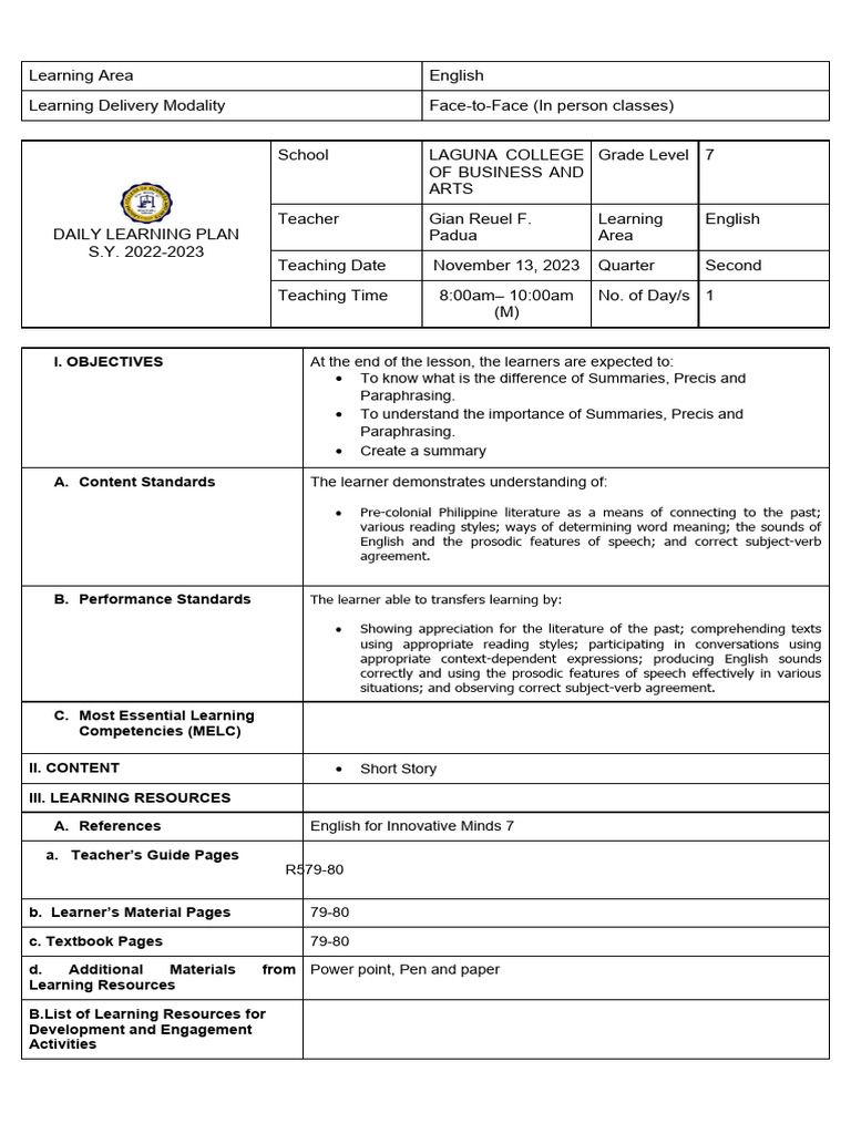 DetailedLP Padua Eng7 Short Story Download Free PDF Narration 