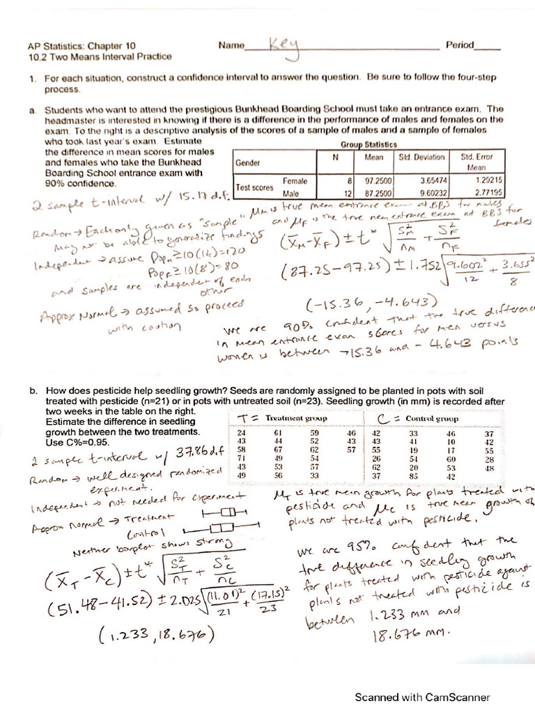 APS U10 10.2 Two Means Interval Practice KEY | PDF