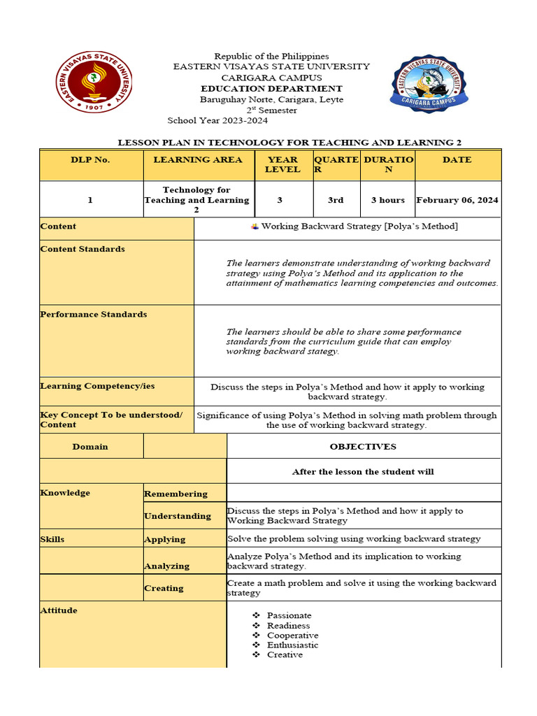 Lesson Plan: Polya’s Method in Math | PDF | Learning | Lesson Plan