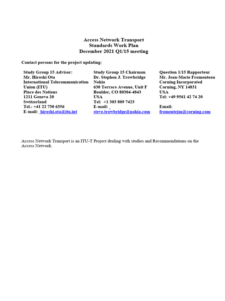 ANT Standards Work Plan Overview | PDF | Computer Network | Itu T