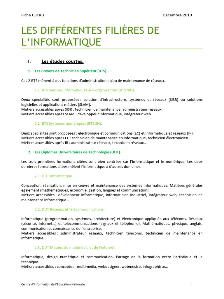 Filières et spécialités en informatique | PDF | Informatique ...