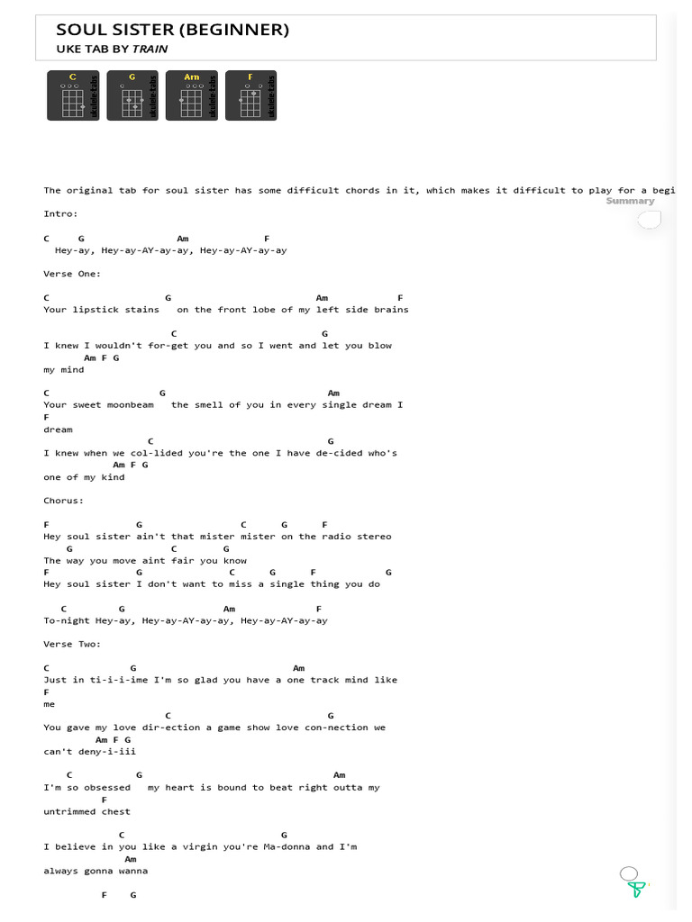 Soul Sister (Beginner) Uke Tab by Train - Ukulele Tabs | PDF, image size:768x1024