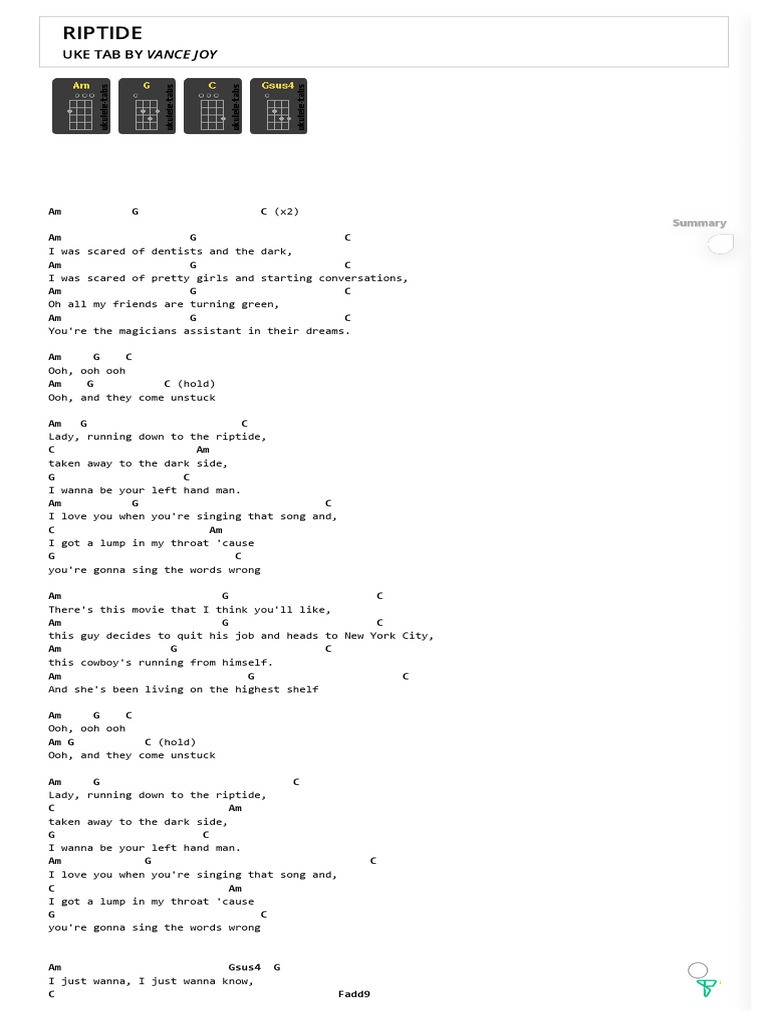 Riptide uke tab by vance joy ukulele tabs pdf