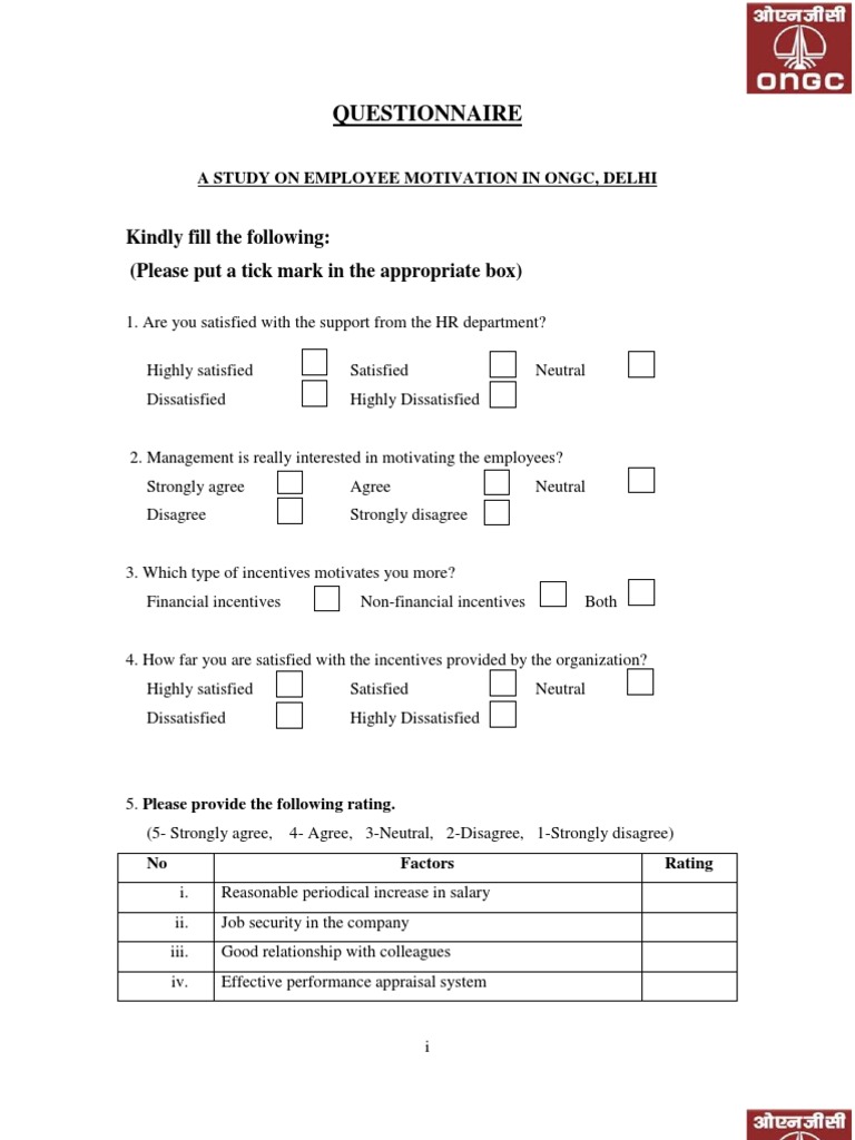  Questionnaire on Employee Motivation 
