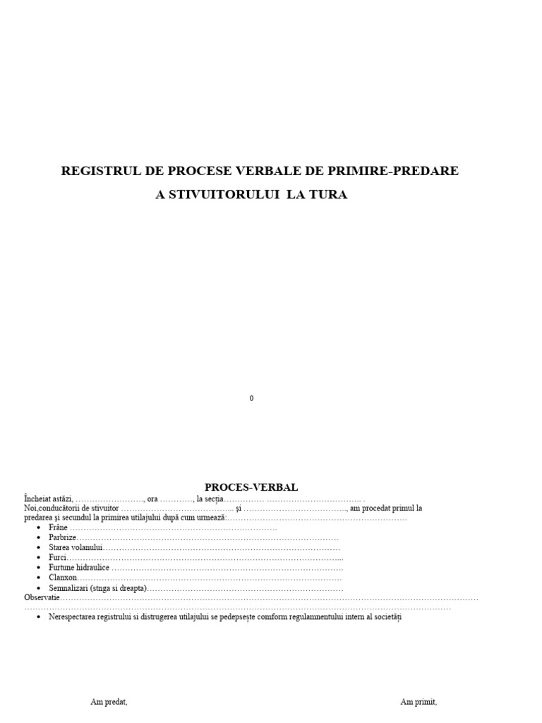 Registru-Pv-De Primire - Predare A Stivuitorului | PDF