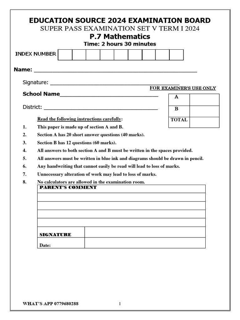 P.7 Mathematics Mock Exam 2024 | PDF | Mathematics | Euclidean Geometry