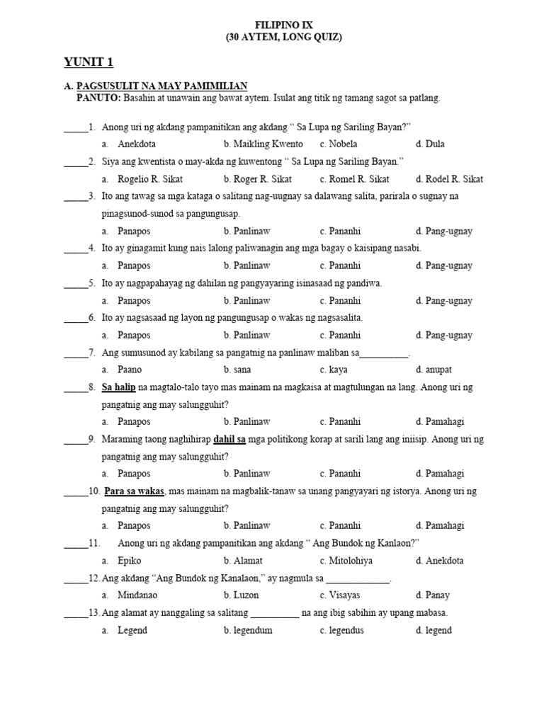 Filipino ix long quiz 30 aytem pdf