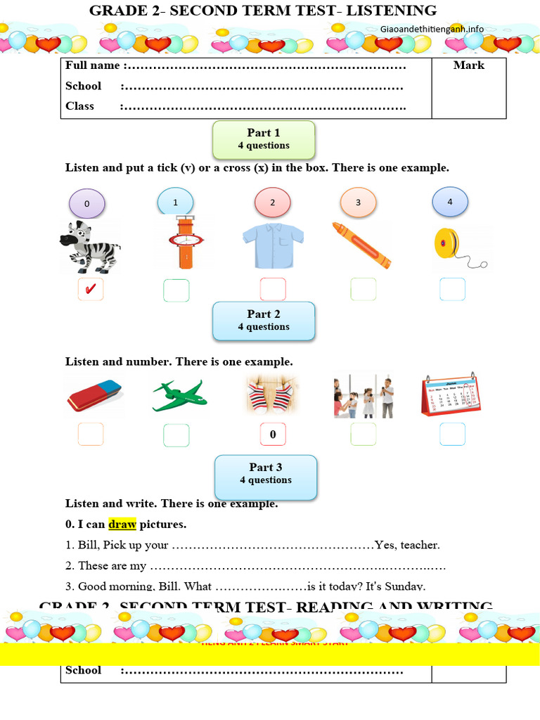 Grade 2 Listening & Writing Test | PDF