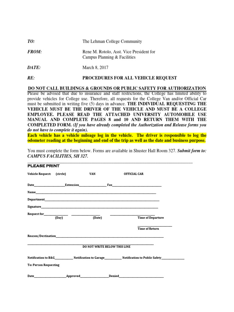 Vehicle Request Procedures at Lehman College | PDF | Road Transport ...