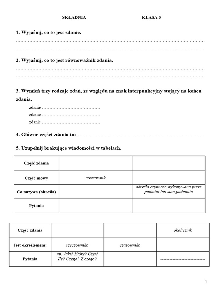 Sprawdzian Składnia Klasa 5 | PDF