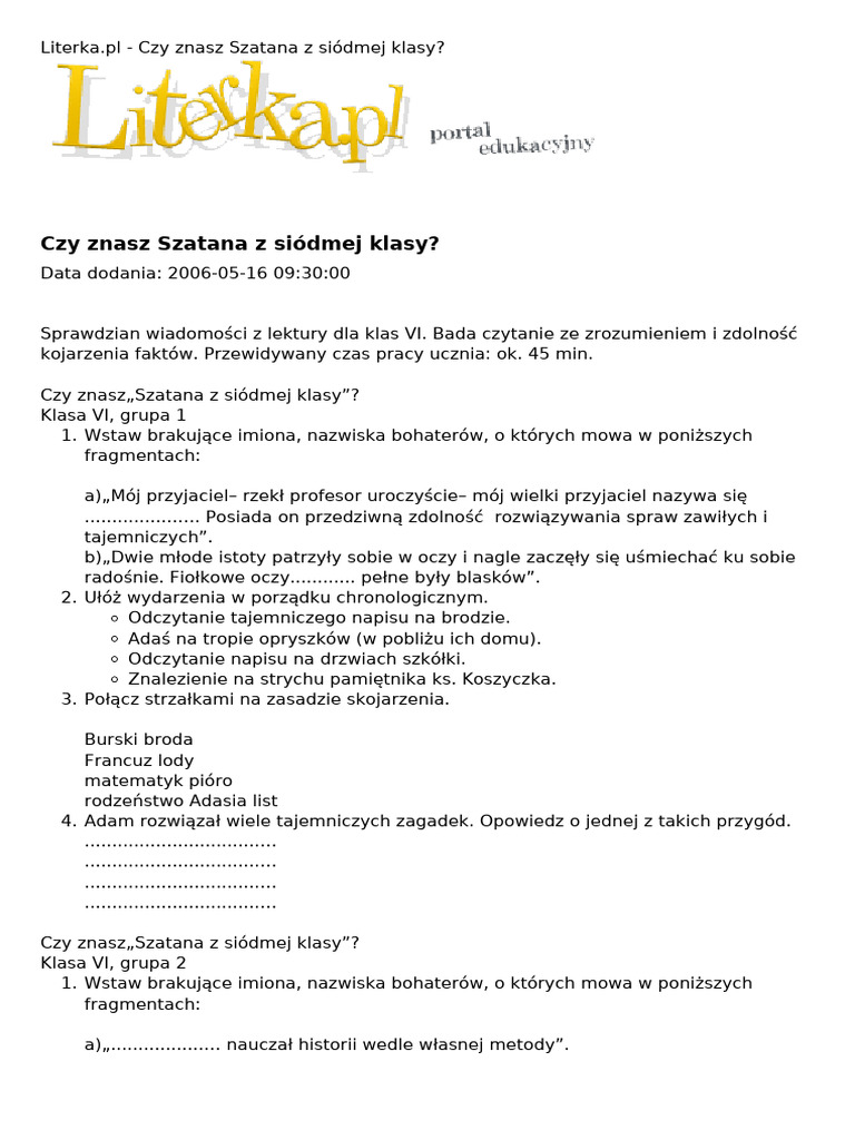 Test Z Szatan Z Siódmej Klasy Test Szatan Z 7 Klasy | PDF