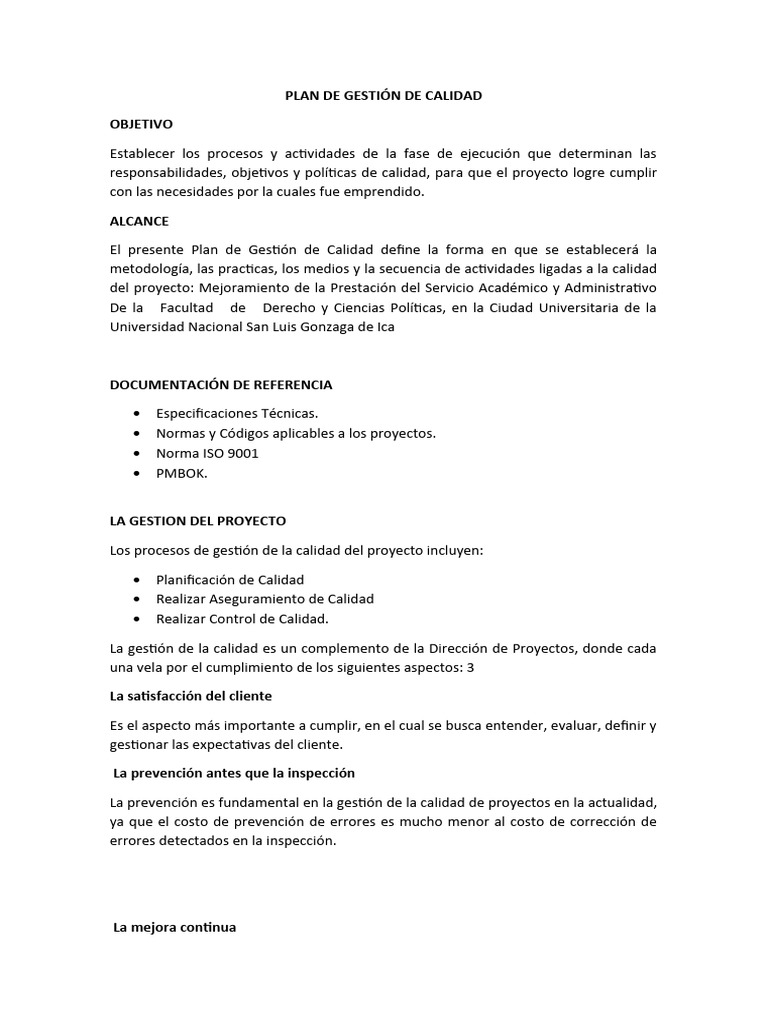 Plan de Gestión de Calidad en Proyectos | PDF | Calidad (comercial ...