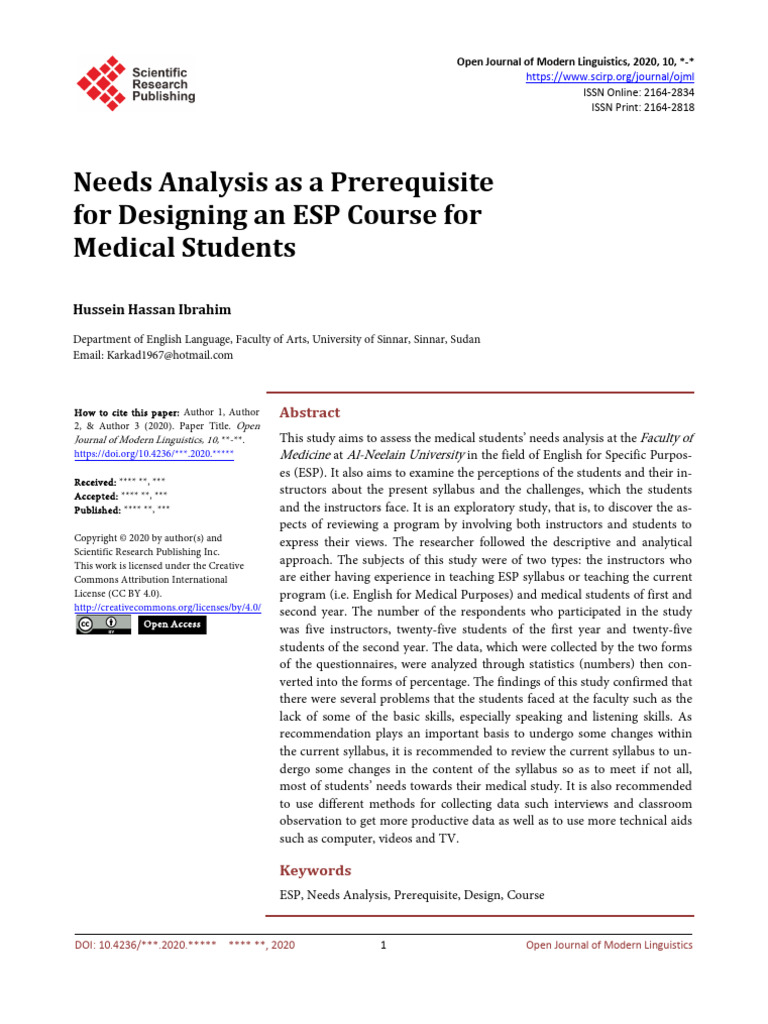 Needs Analysis As A Prerequisite For Des | PDF | Learning | English As ...
