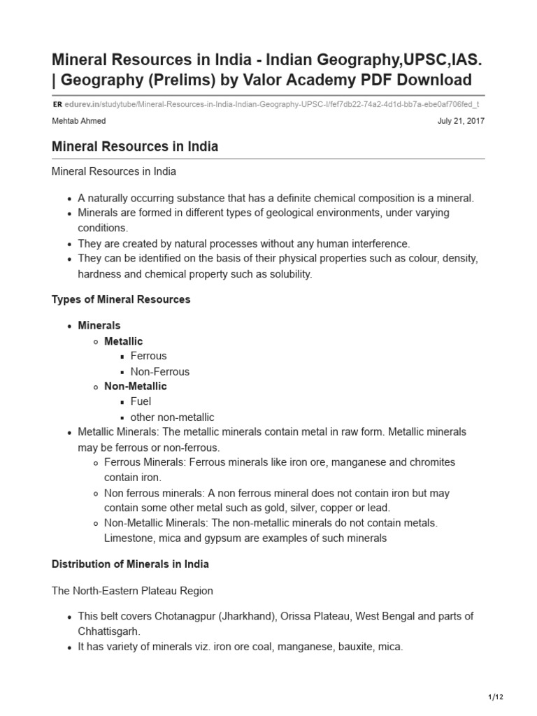 Edurev.inmineral Resources in India Indian GeographyUPSCIAS
