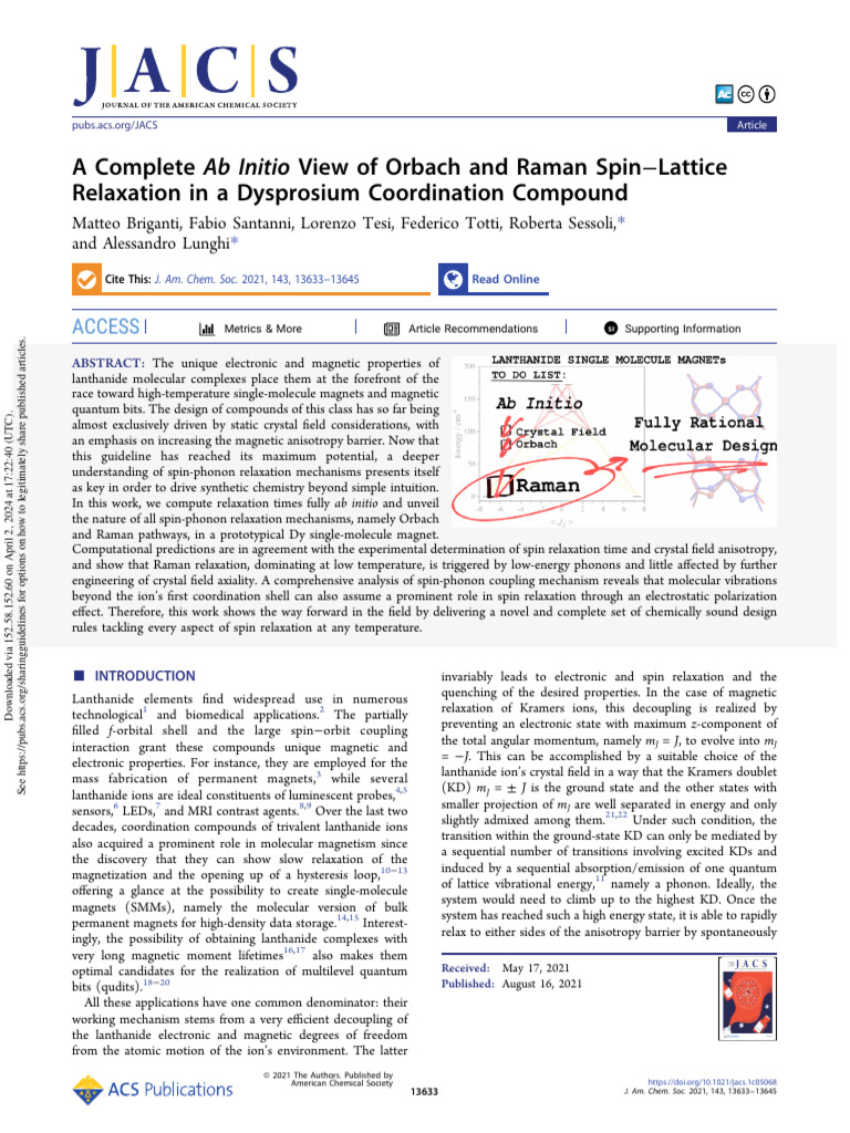 Briganti Et Al 2021 A Complete Ab Initio View of Orbach and Raman Spin ...