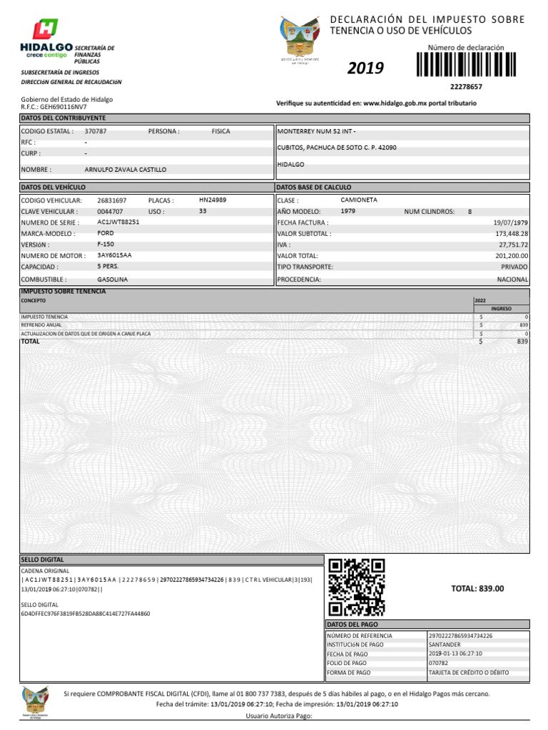 Impuesto Tenencia Vehicular Ford Hidalgo | PDF | Impuestos | Finanzas ...