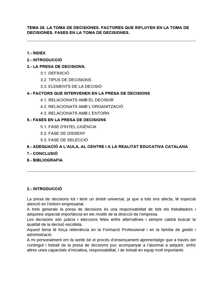 ?tema 28. La Toma de Decisions. Factores Que Intervienen en La Toma de ...