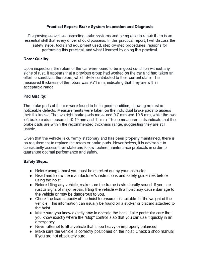 Brake System Inspection Report | PDF | Nut (Hardware) | Vehicles