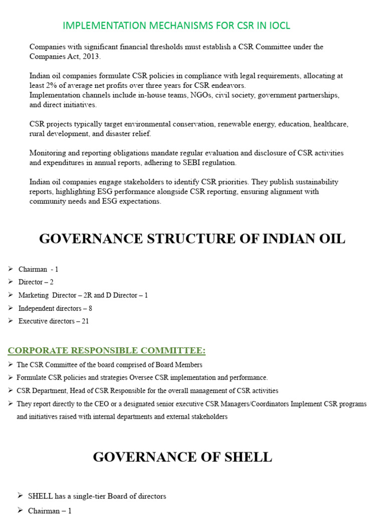 CSR Implementation in IOCL and Shell | PDF | Corporate Social ...