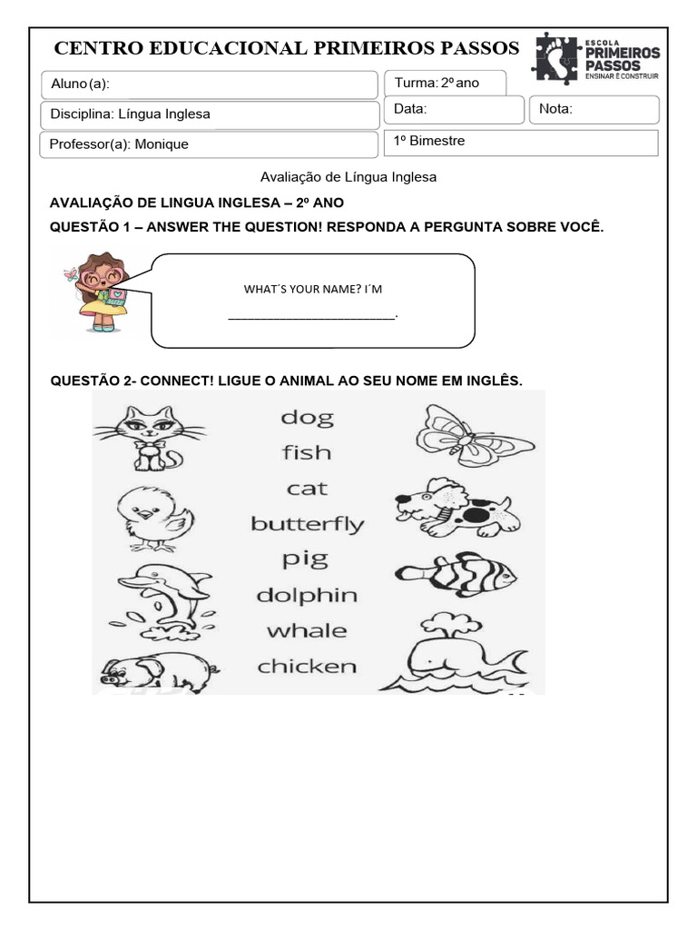 Avaliação de Língua Inglesa 2 Ano 1 Bimestre | PDF
